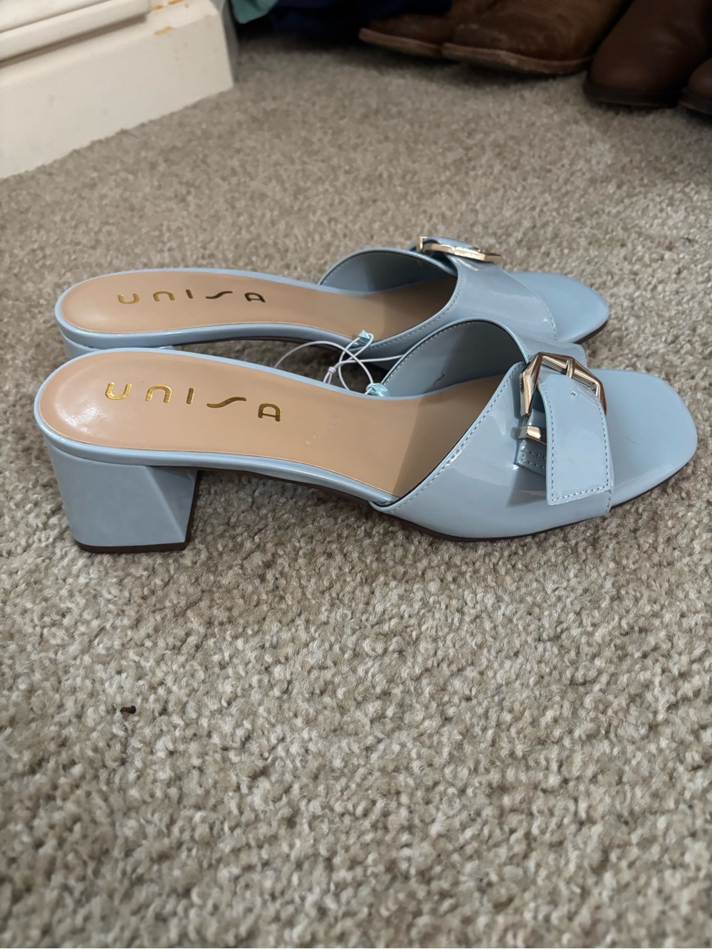 Unisa Light Blue Patent Buckle Block Heel Mules - Picture 2 of 4